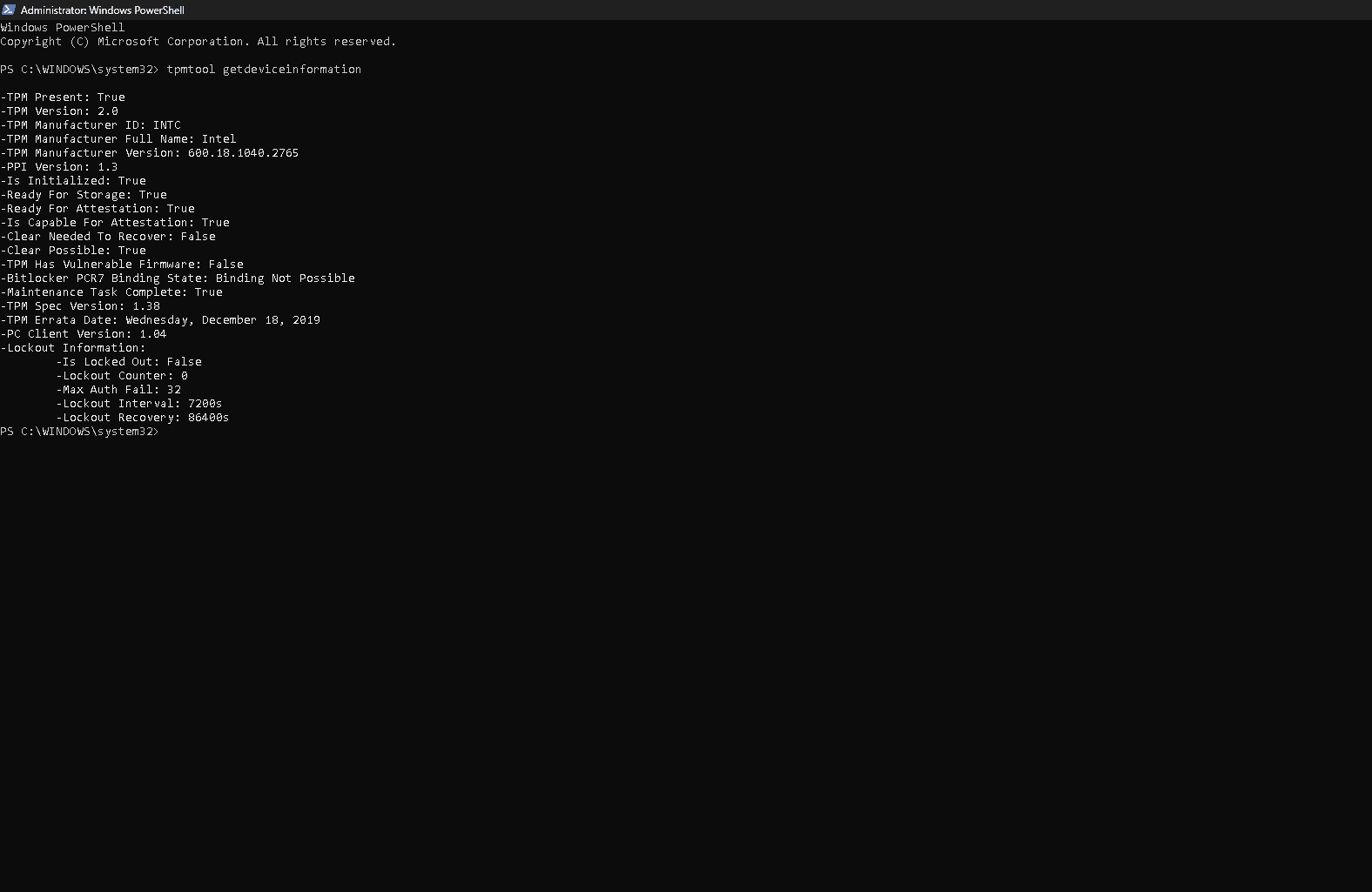 Command-line output from TPM diagnostics on a Windows PC