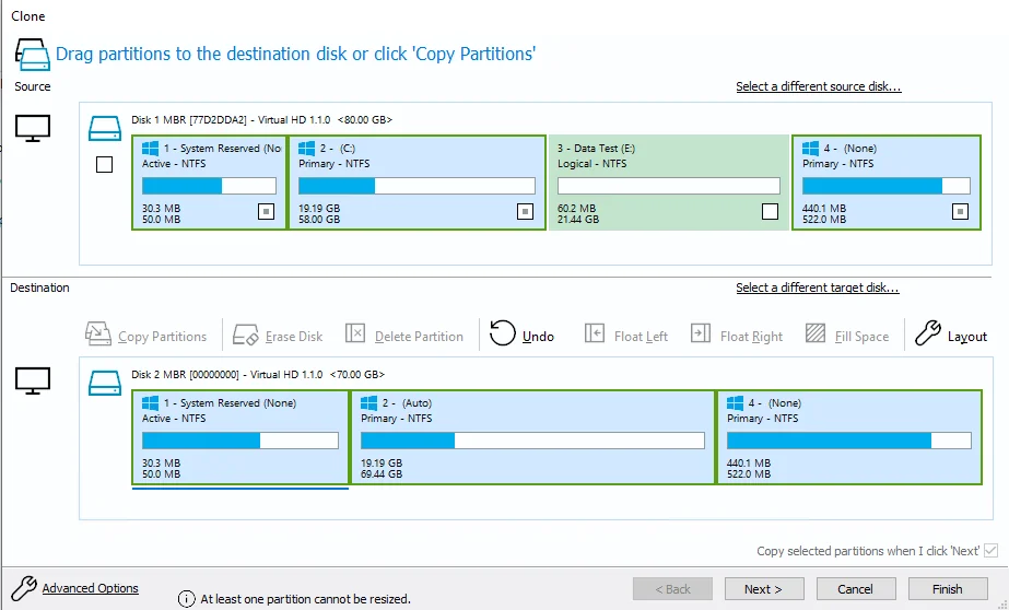Disk cloning software showing source and destination drive partitions