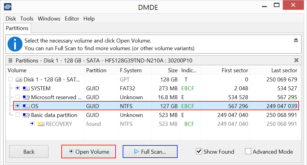 DMDE data recovery software showing disk partitions and scan options