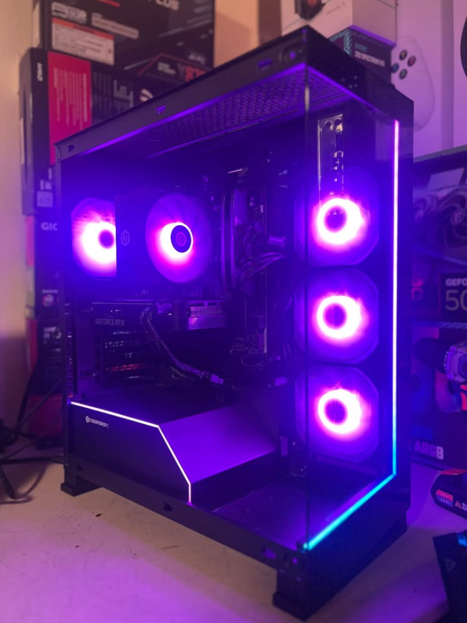 Purple lighting framed by edge illumination and glass panels.
