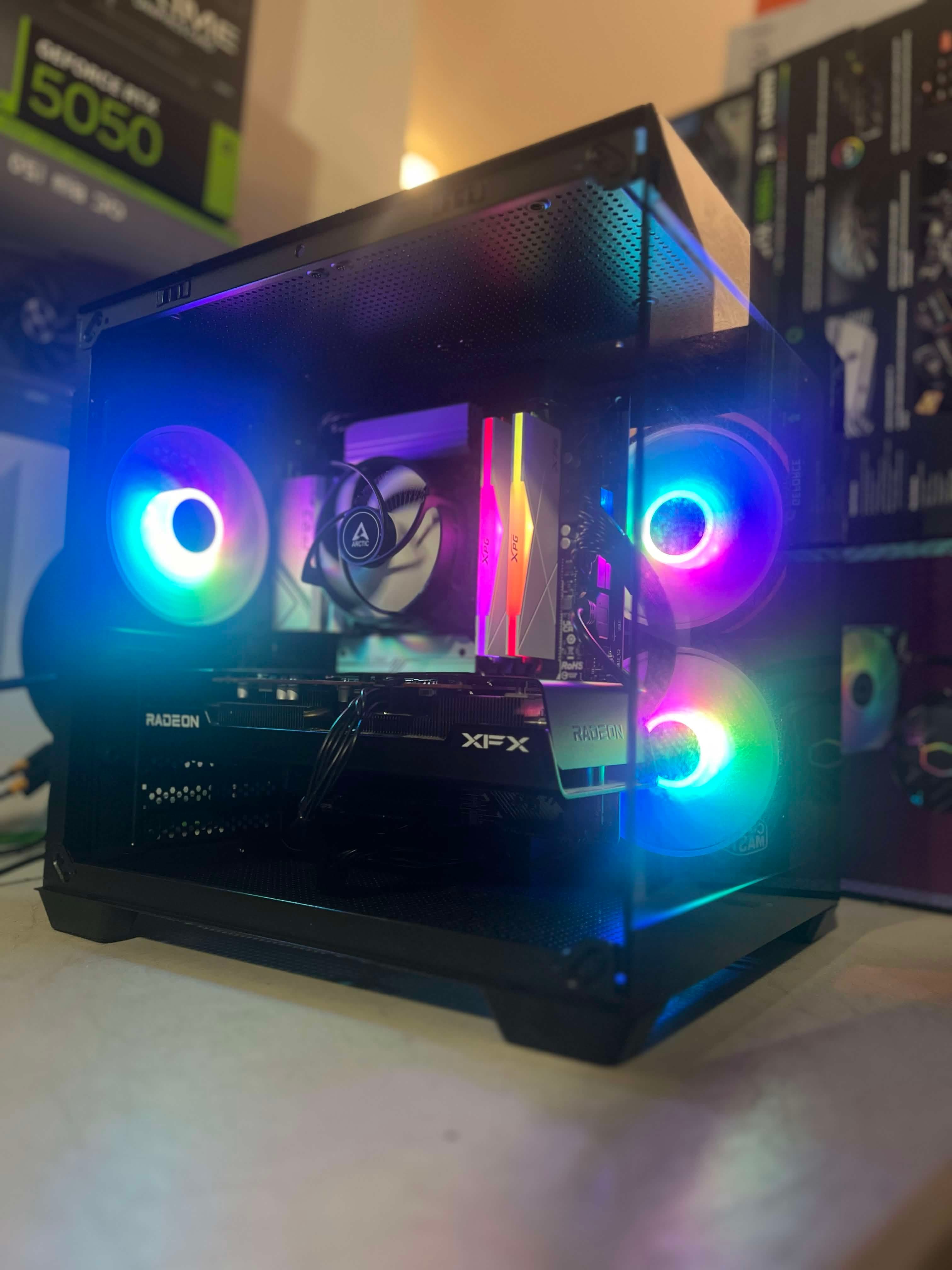 Glass-panel gaming PC with multicolor fans and an air cooler