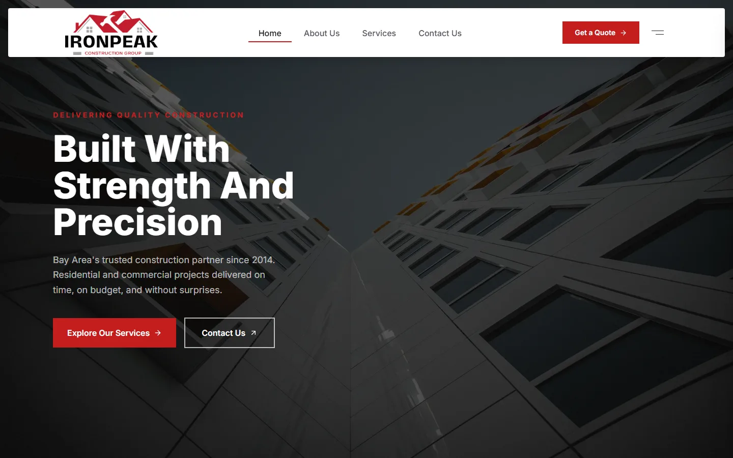 Ironpeak Construction Group landing page with navigation, construction imagery, and contact options