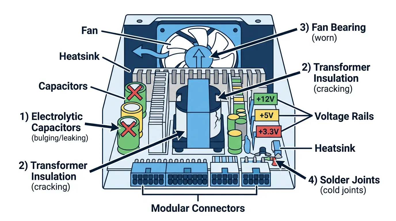 Labeled diagram of a PC power supply and its internal components