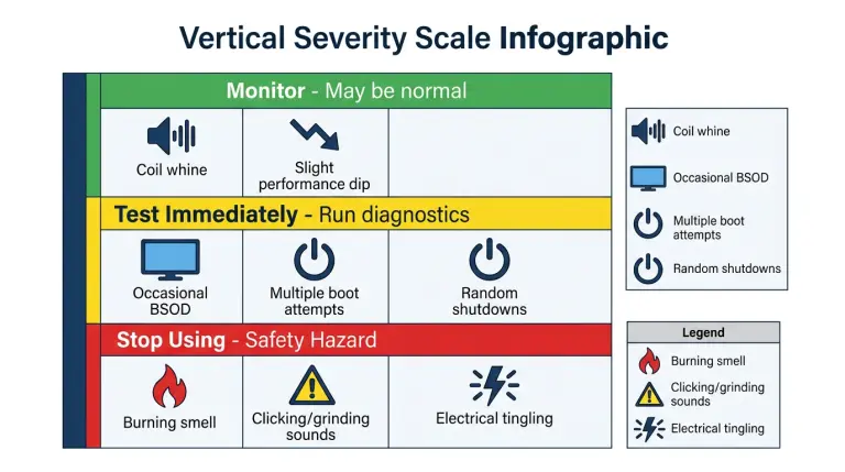 Power supply warning signs grouped by monitor, test immediately, and stop using severity