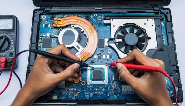 Technician using a multimeter while inspecting an open laptop